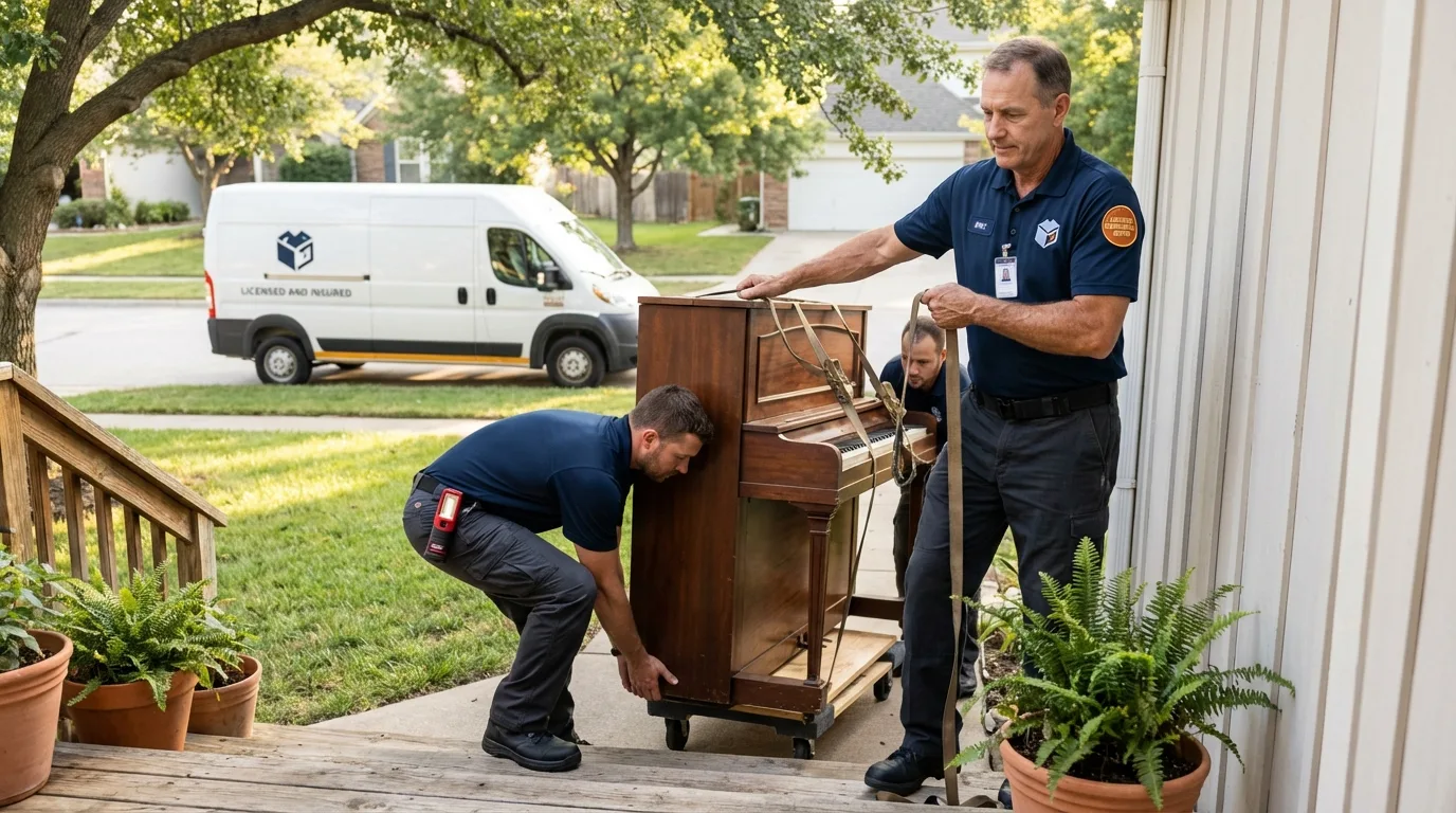 Licensed piano movers securing grand piano in Perryville, MO