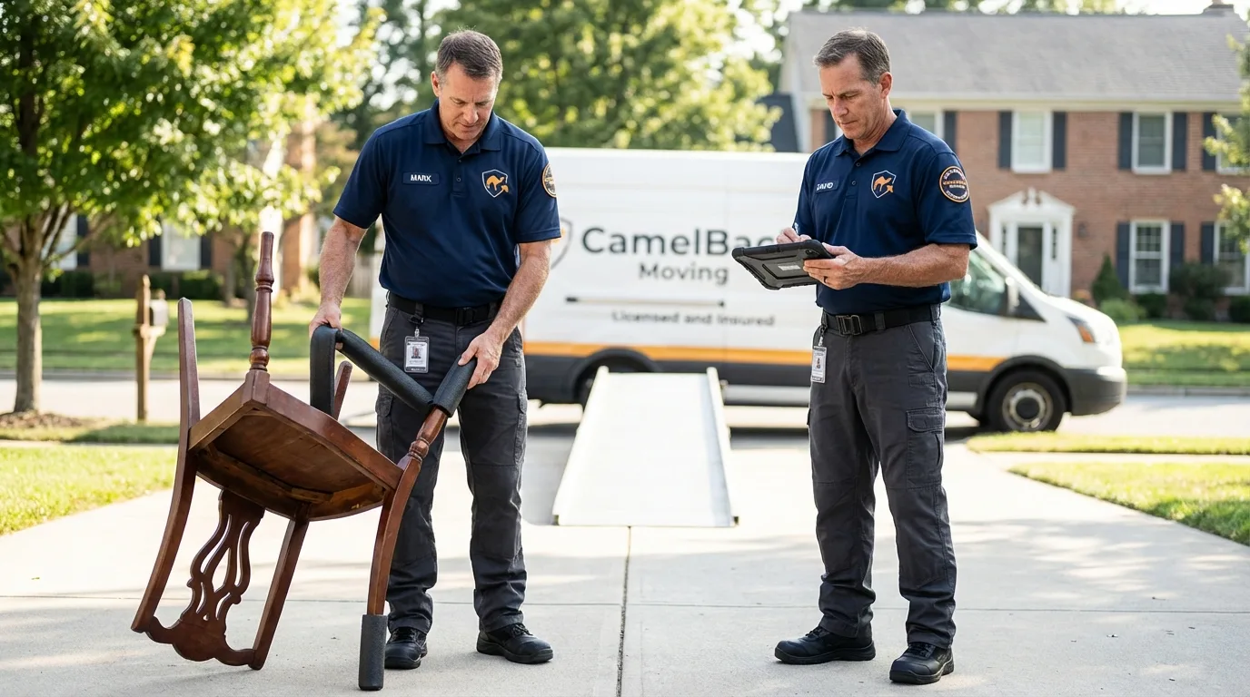 Movers inspecting furniture for damage prevention before loading in Perryville, MO