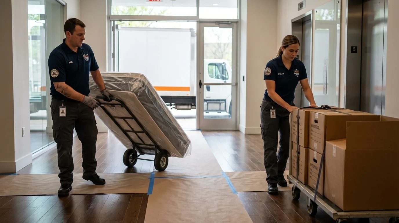 Professional apartment movers loading elevator in Perryville, MO
